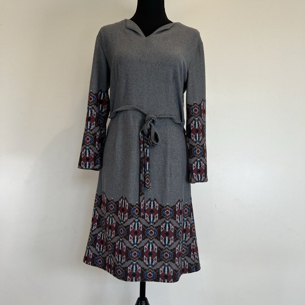 Earthbound Trading Co Belted Sweater Dress Gray Southwestern 3/4 Sleeve M